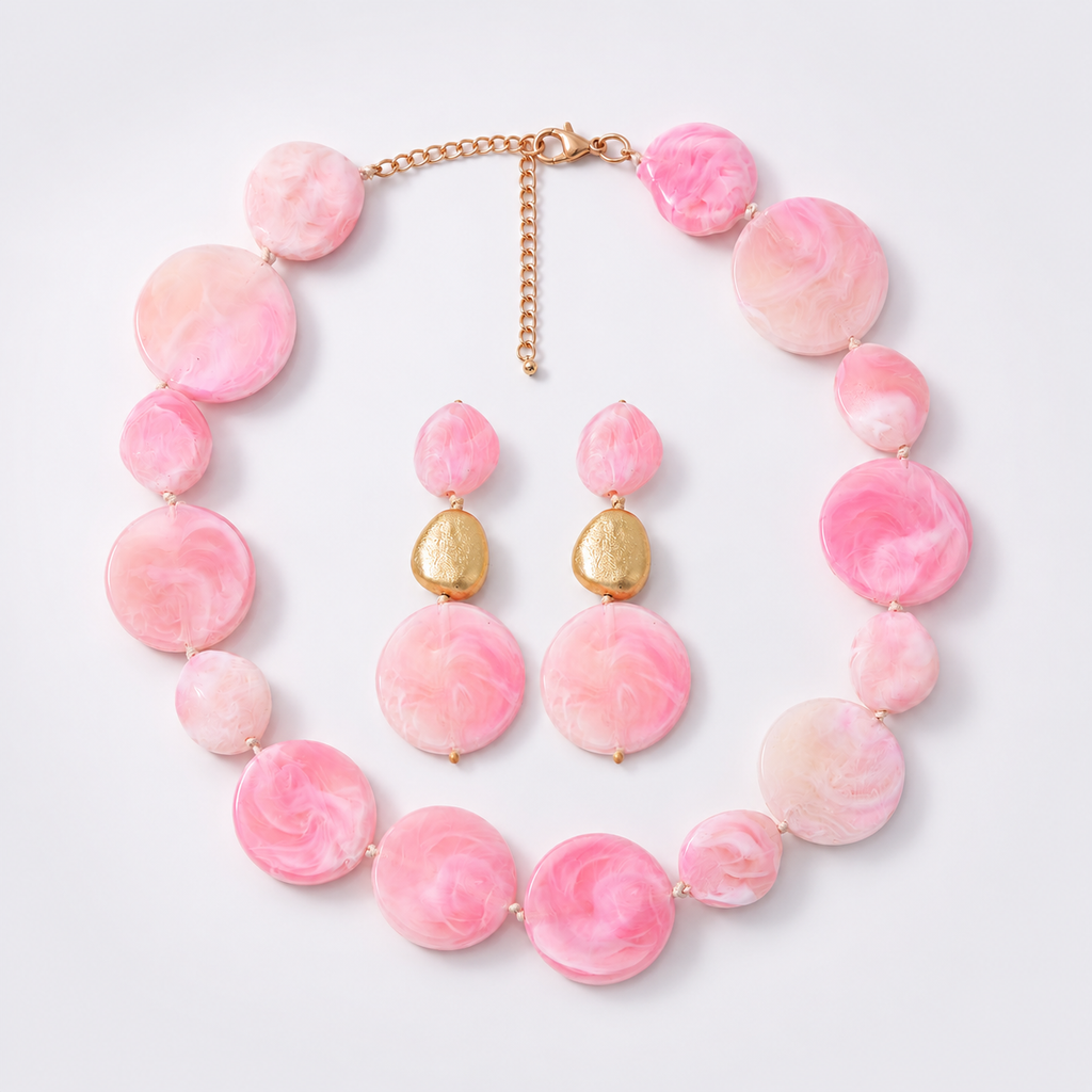 Pink Irregular Disc Beaded Necklace