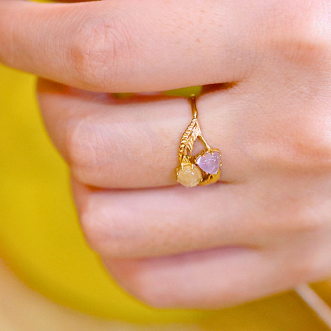 Amethyst Citrine Leaf Vine Two Stone Ring