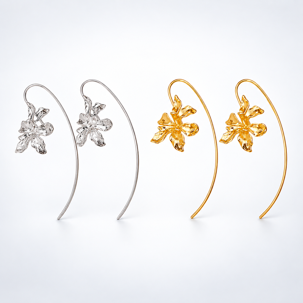 Petite Iris Flower Huge Drop Earrings Hook 