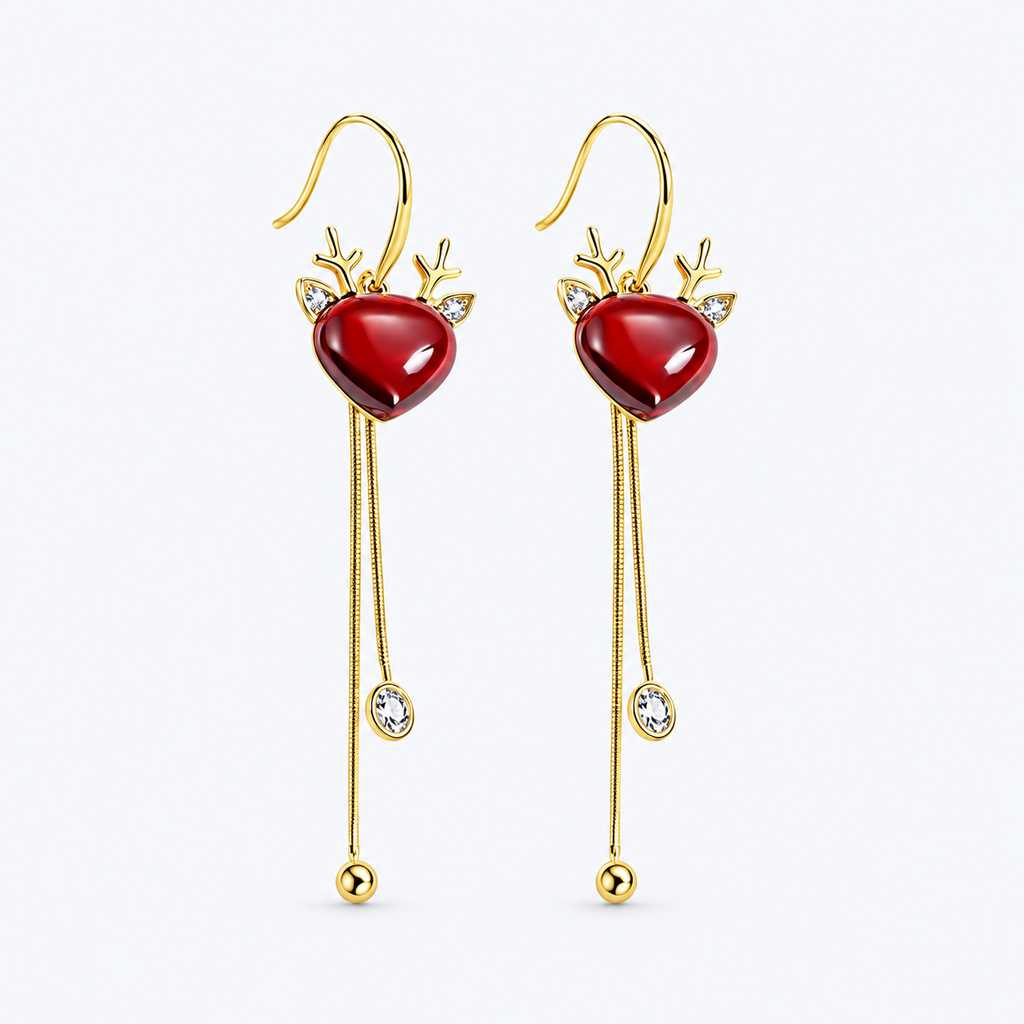 Ruby Corundum Reindeer Dangle Drop Tassel Xmas Earrings 