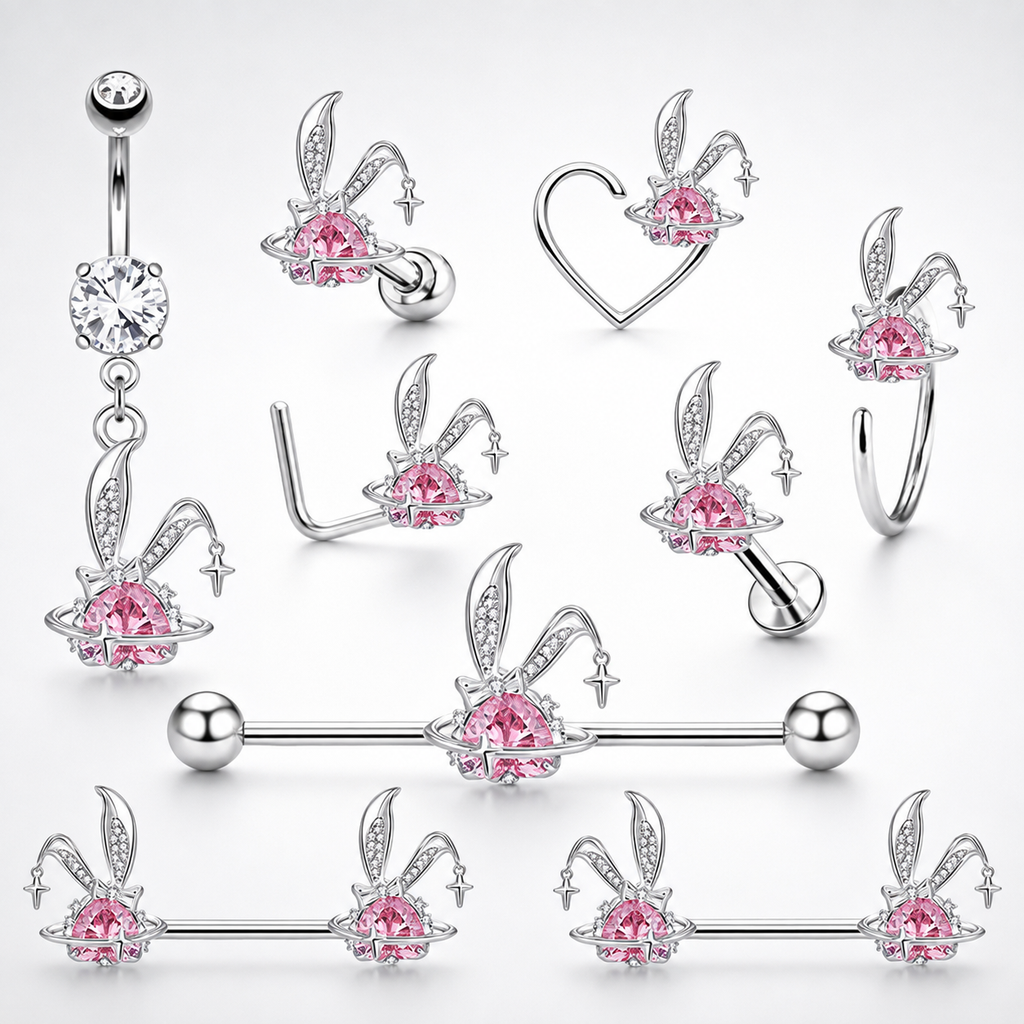 Pink Bunny Heart Surgical Steel Navel Ring Nose Ring
