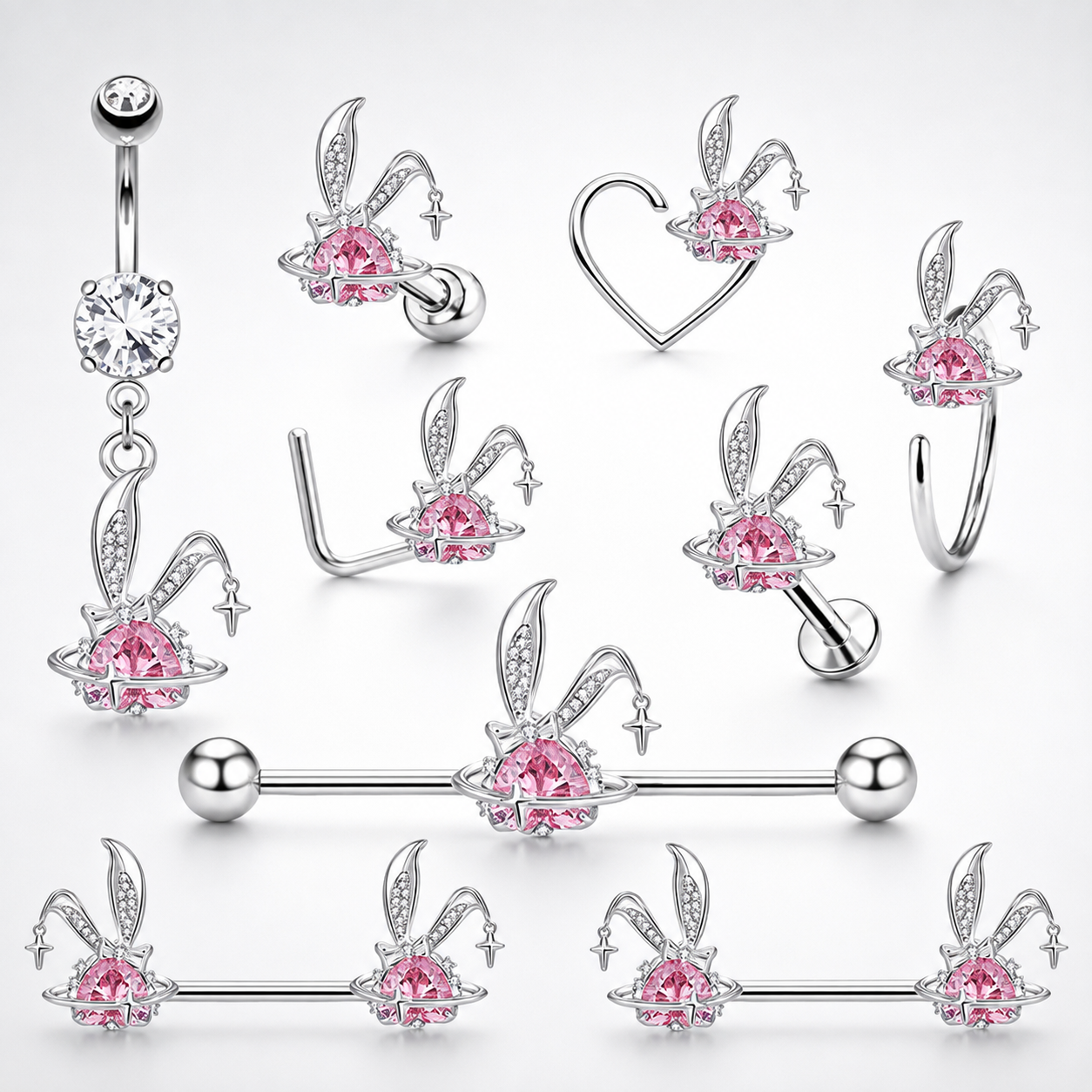 Pink Bunny Heart Surgical Steel Navel Ring Nose Ring