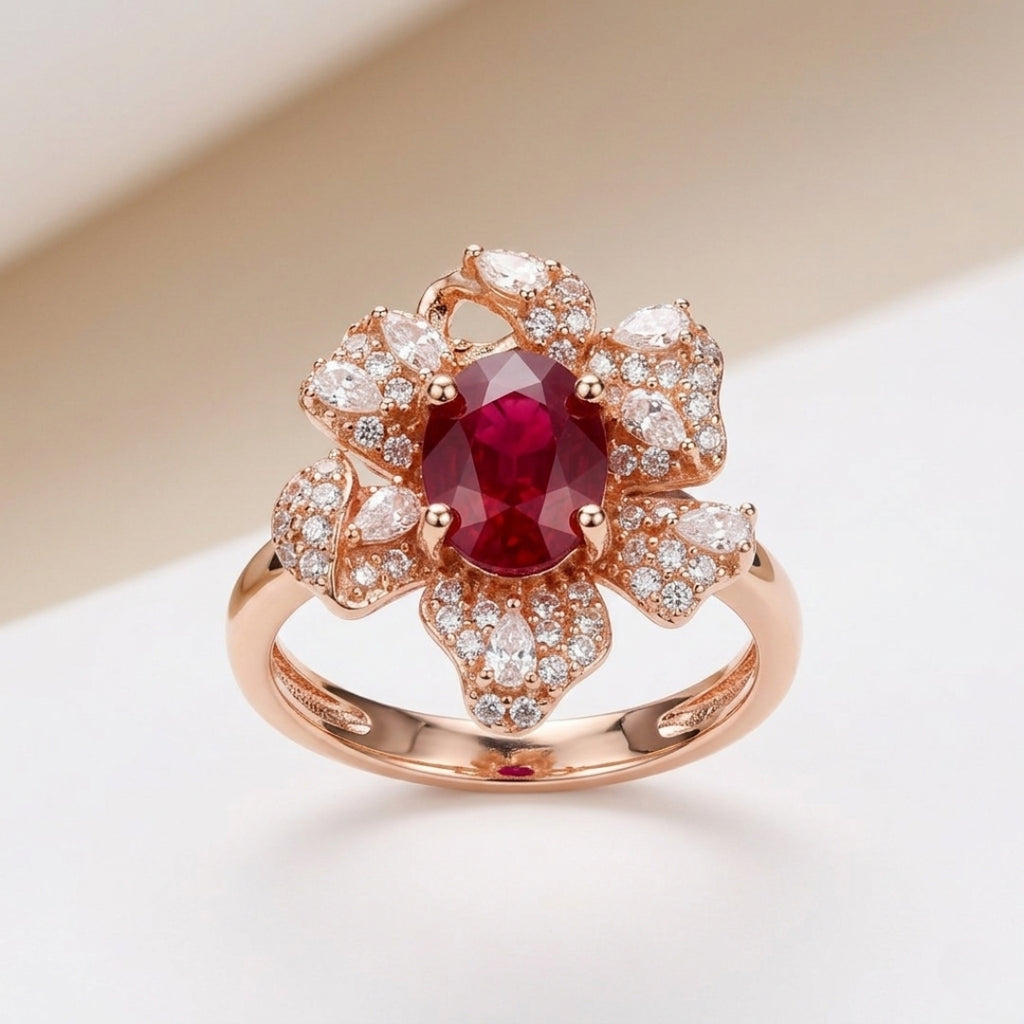 Rose Gold Luxury Ruby Floral Ring | NS2429