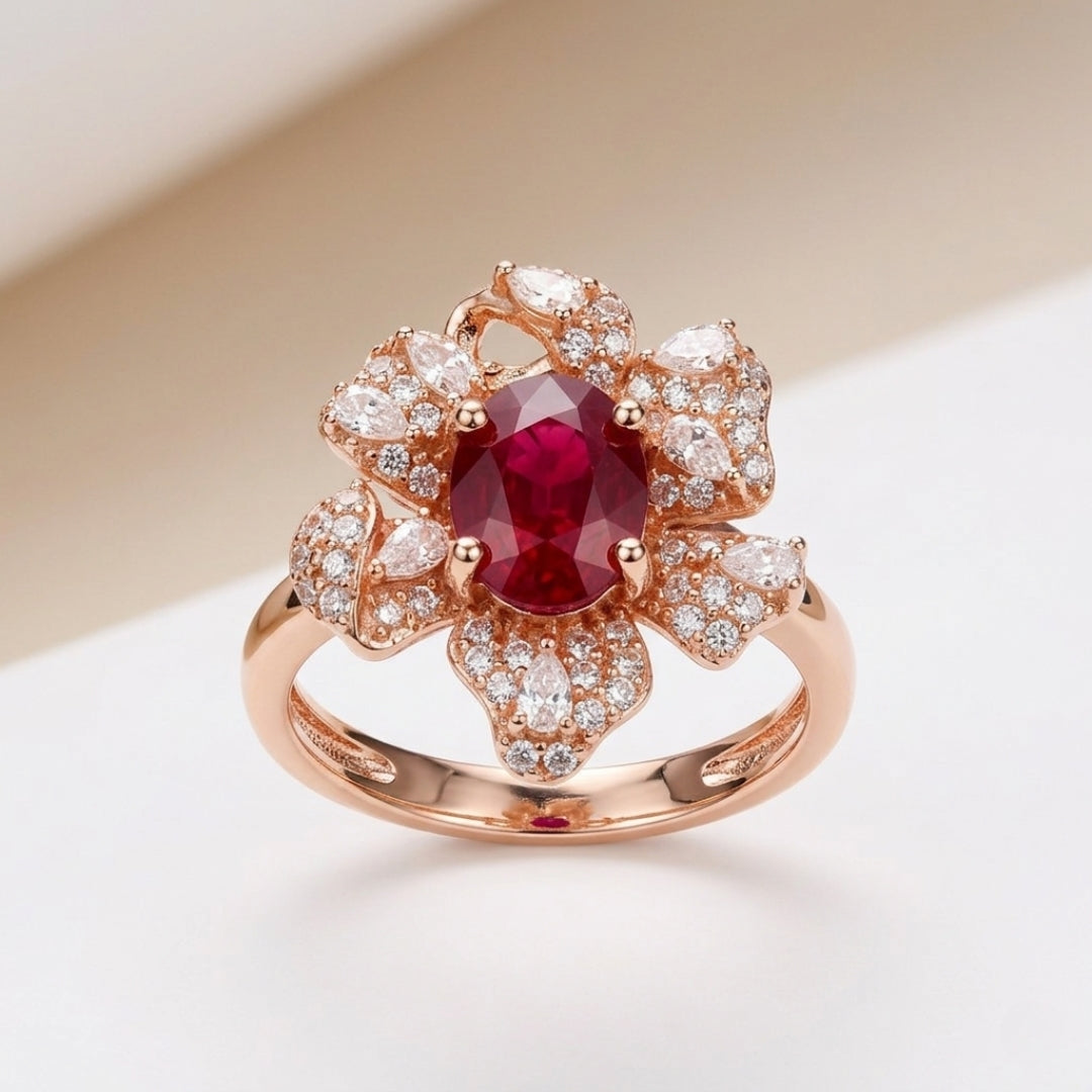 Rose Gold Luxury Ruby Floral Ring | NS2429