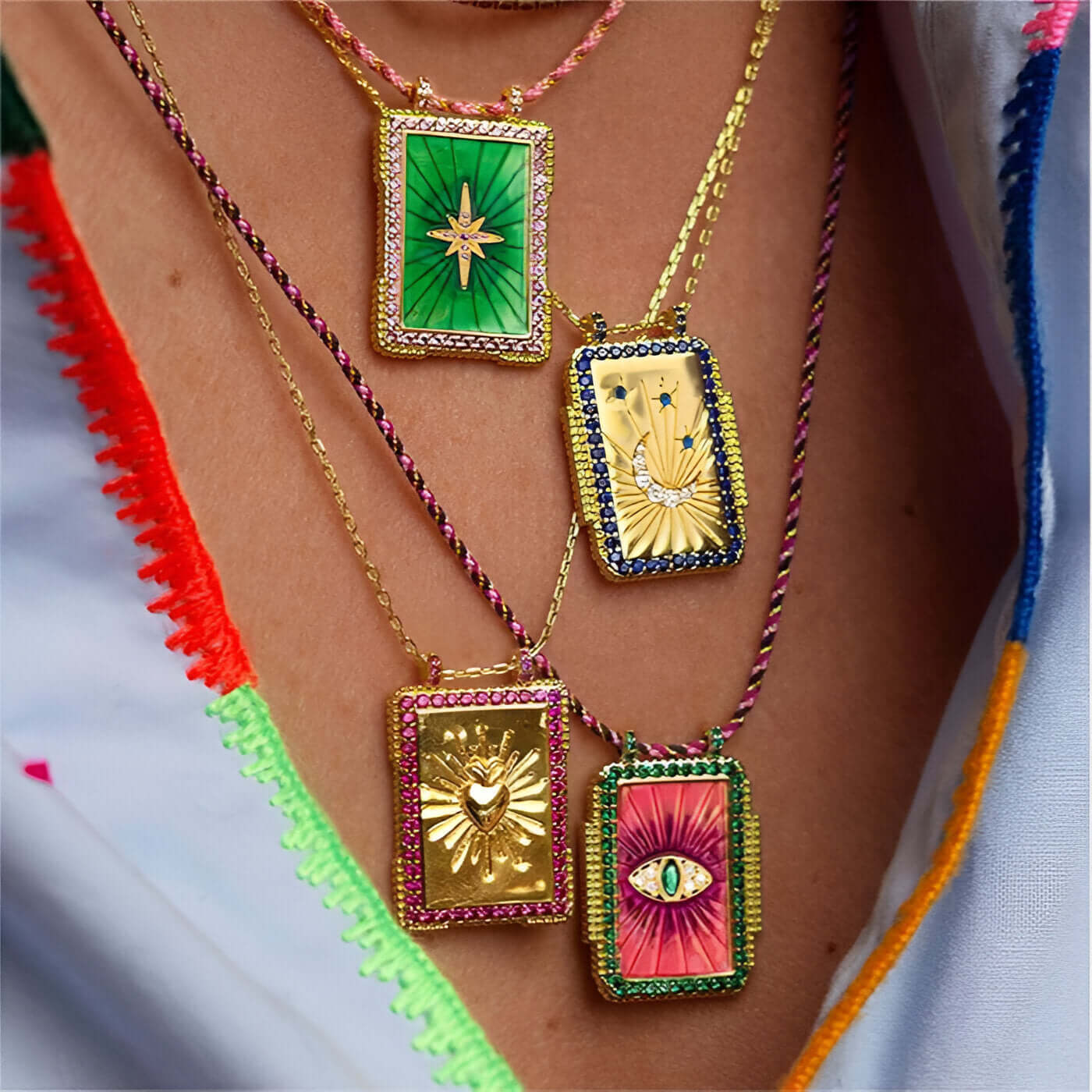 Rainbow Tarot Card Pendant Cord Necklace