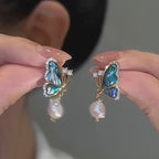 Baroque Freshwater Pearl Earrings, Two Tone Butterfly Drop Earrings