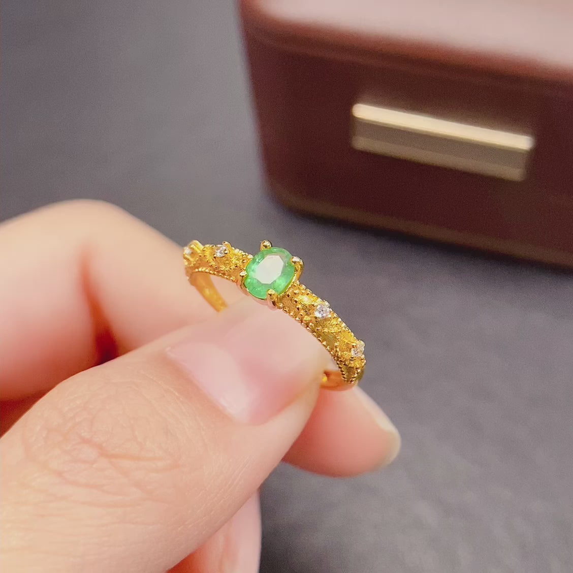 Brushed Emerald Thin Band Ring