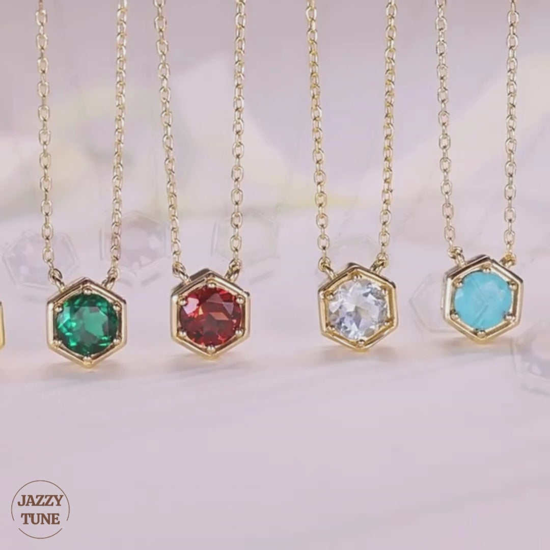 Hexagon Bezel Birth Month Aquamarine Gemstone Necklace