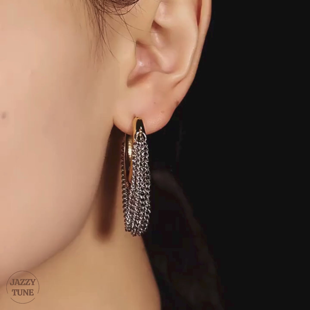 Gold Silver Duo Tone Tassel Chain Earrings