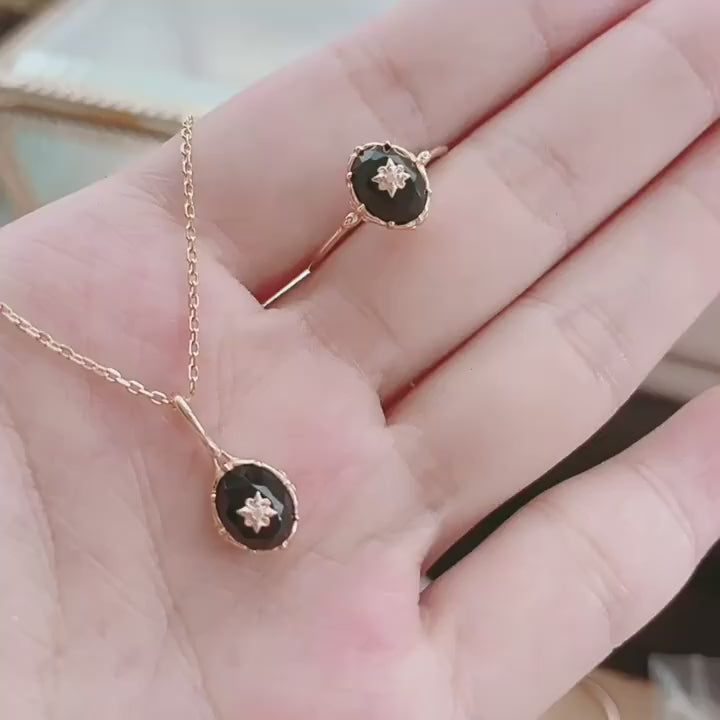 Vintage Black Agate Celestial Ring and Pendant Set