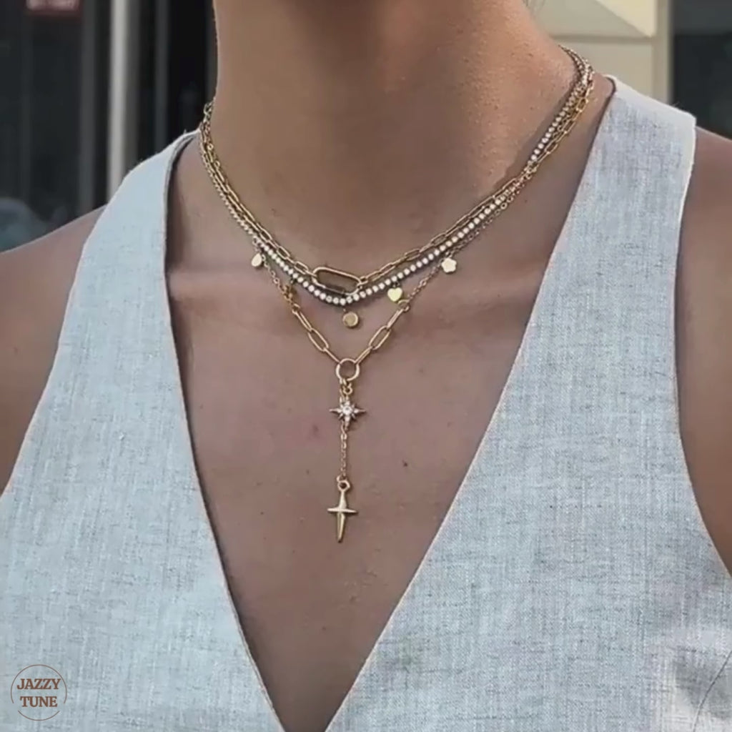Four Pointed Shiny Star Tennis Chain Layer Necklace