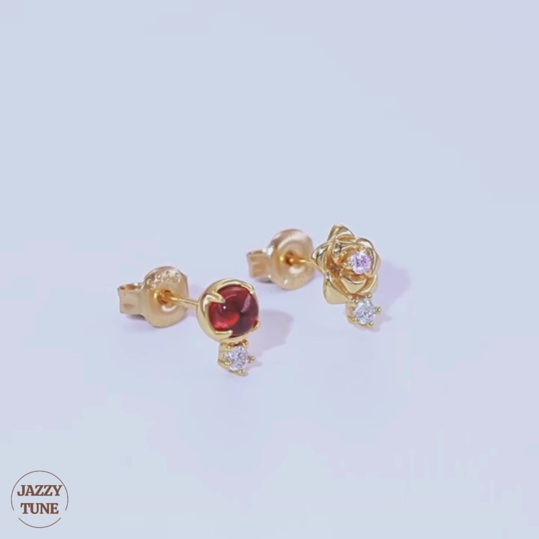 Asymmetric Red Garnet Rose Stud