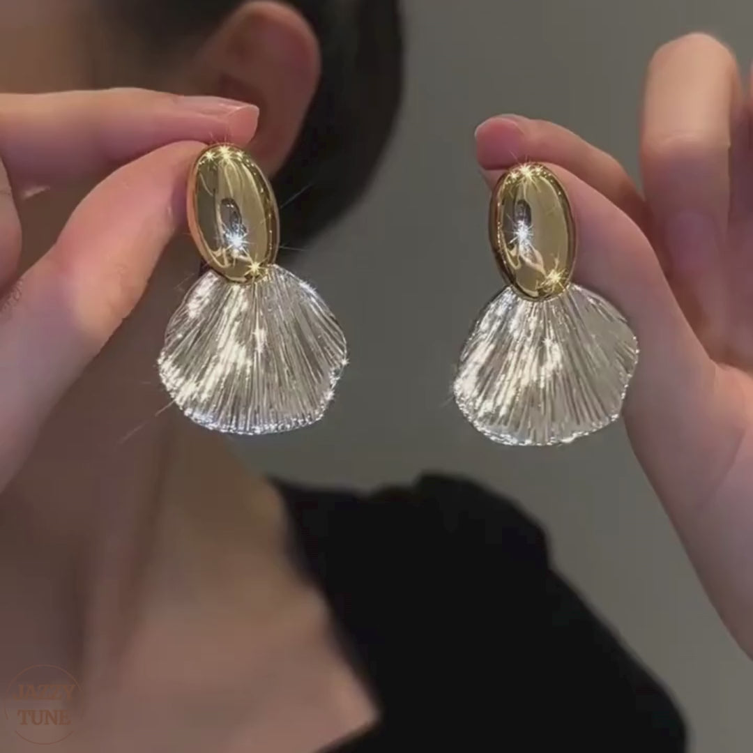 Textured Two Tone Abstract Fan-Shaped Shell Drop Earrings 