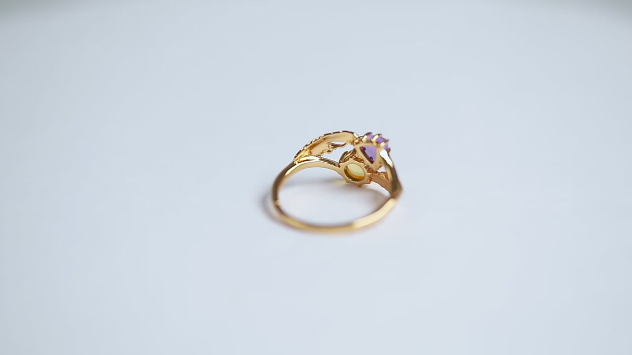 Amethyst Citrine Leaf Vine Two Stone Ring