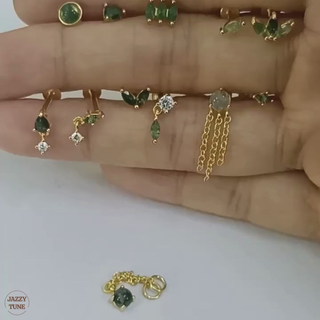 Sterling Silver Moss Agate Push Pin Labret Back Studs