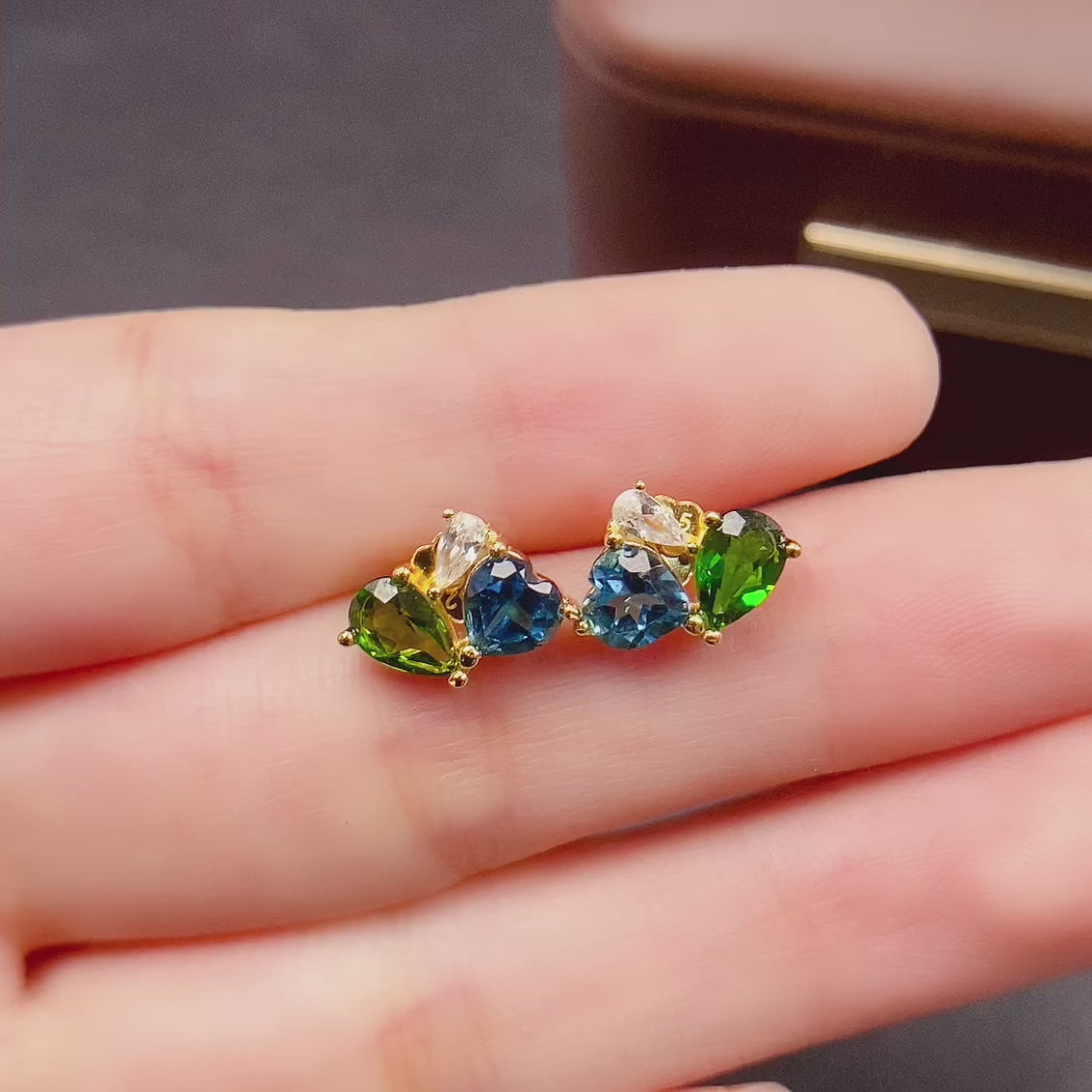 Multi Stone Diopside Heart Stud Earrings