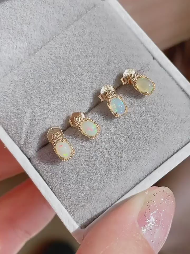 14K Natural Opal Baguette Stud Earrings Birthstone Jewelry | HJZB-426