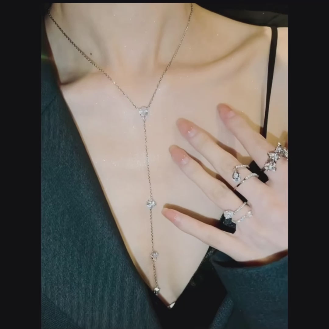 Elegant Teardrop Silver Tassel Lariat Necklace | HN2188