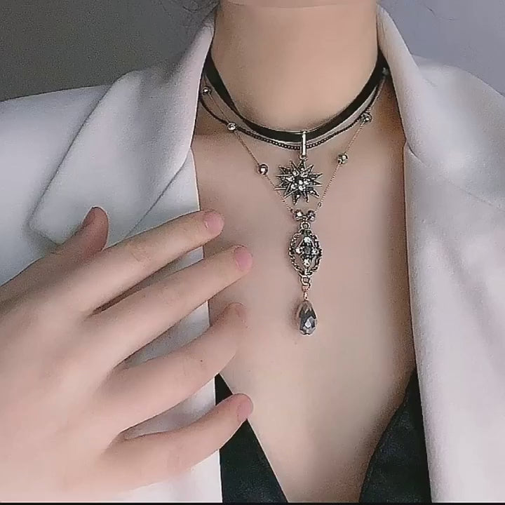 Goth Black Crystal Star Choker Y Necklace | HN3067