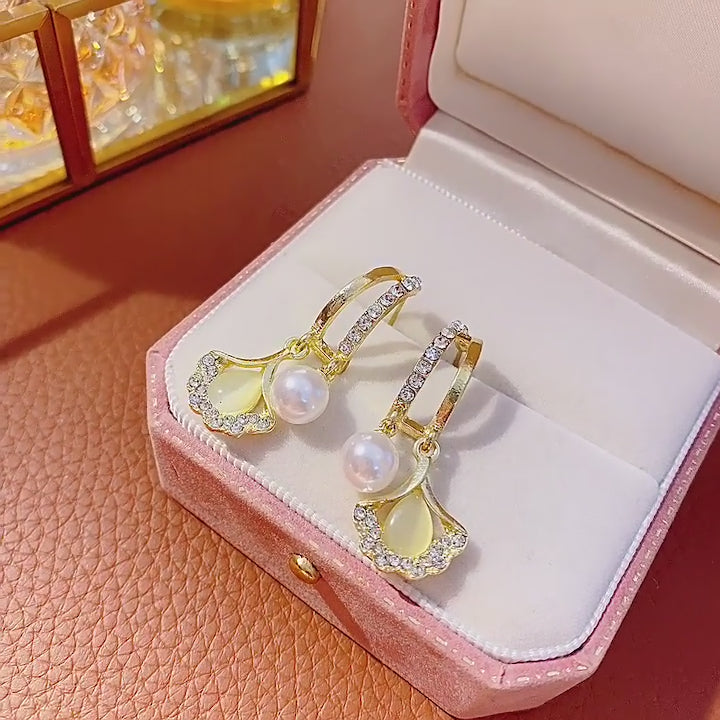 Ginkgo Leaf Hoop Earrings with Dangle Pearl