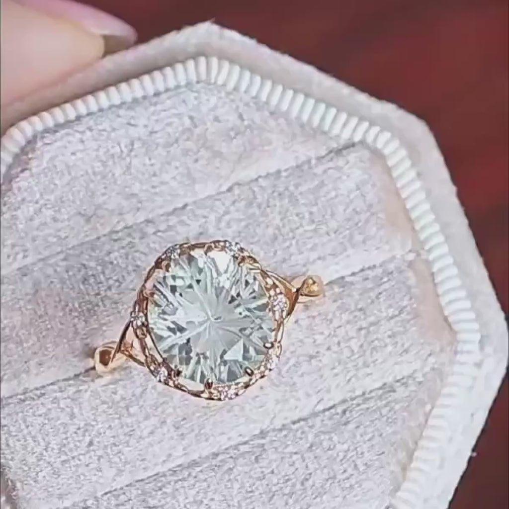 Green Amethyst Halo Floral Solitaire Ring