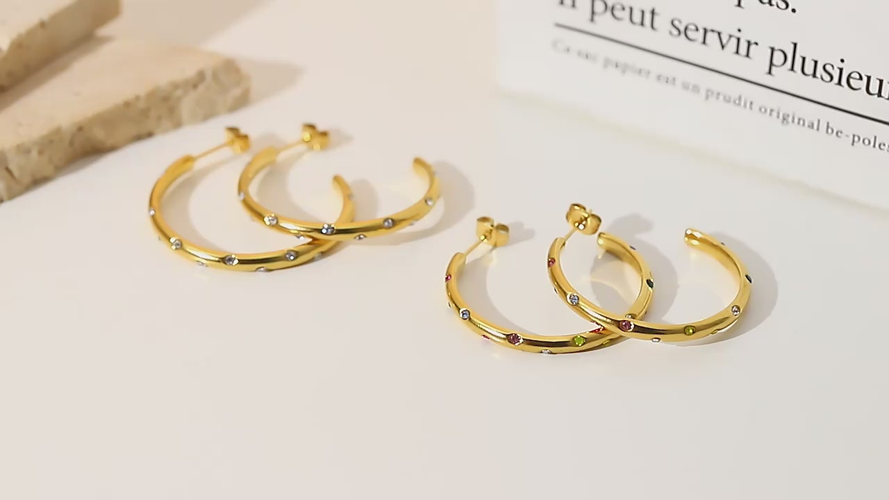 18K Gold Plated Minimal Diamond C Hoop Earrings