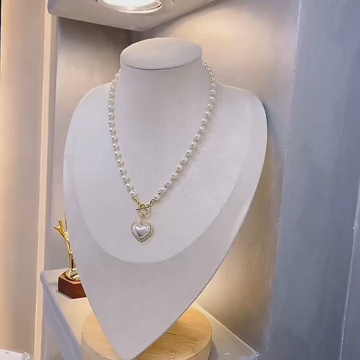 Feminine Heart Charm Pearl Bead OT Necklace