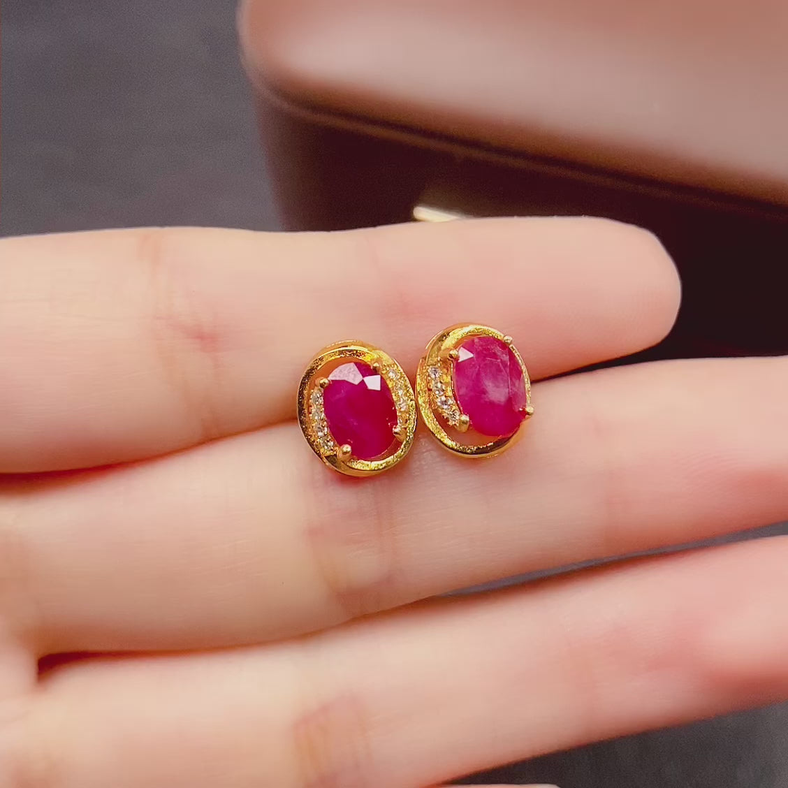 Red Ruby Gold Stud Earring