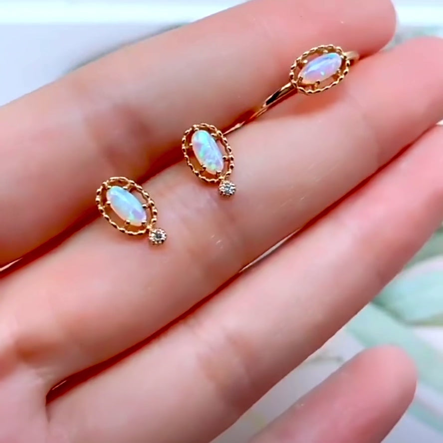 Tiny Opal Stud Earrings and Ring Set, October Birthstone Jewelry | HJZB-270