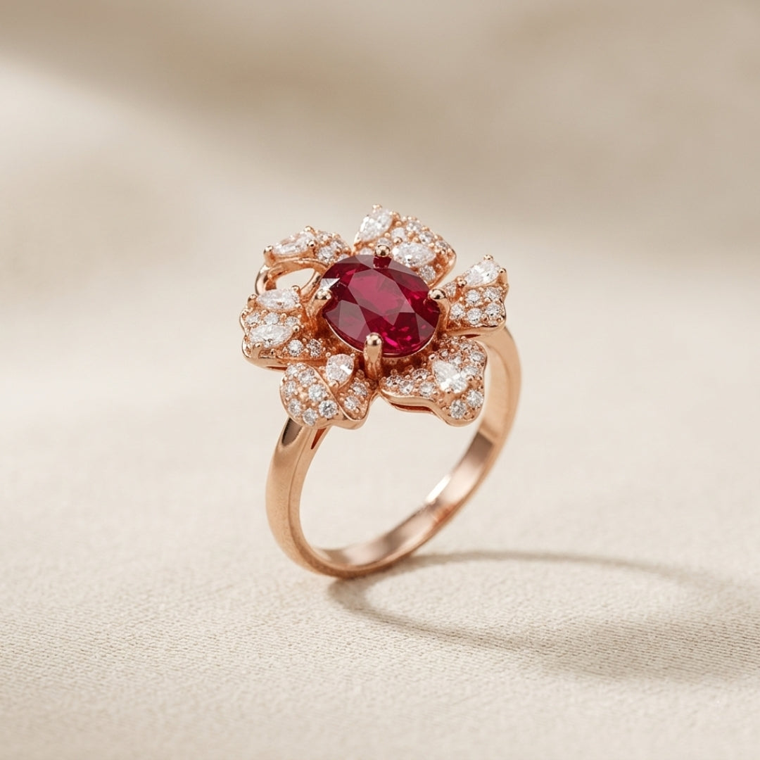 Rose Gold Luxury Ruby Floral Ring | NS2429