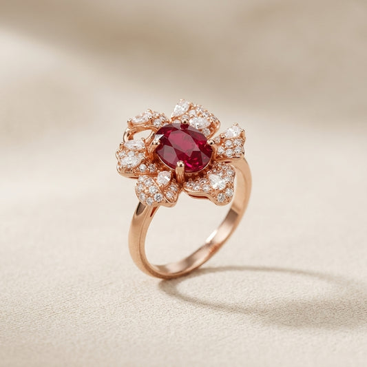 Rose Gold Luxury Ruby Floral Ring | NS2429