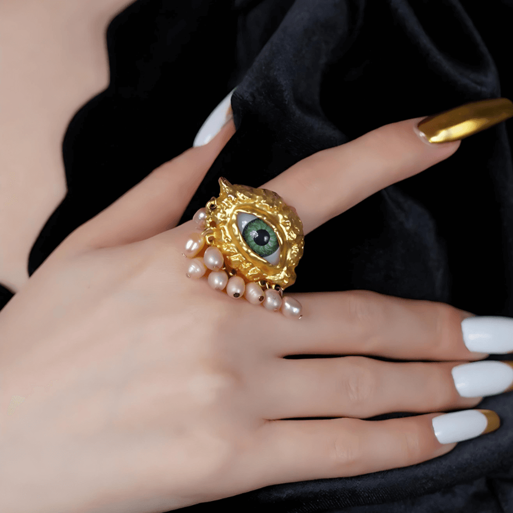 Chunky Evil Eye Cocktail Thumb Ring with Pearl Tassel