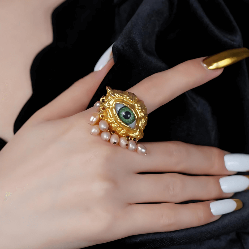Chunky Evil Eye Cocktail Thumb Ring with Pearl Tassel
